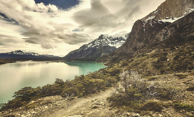 Torres del Paine National Park, color toned picture, Patagonia, Chile.