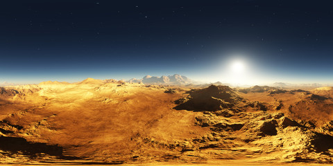 Naklejka premium Panorama of Mars sunset. Martian landscape, environment 360 HDRI map. Equirectangular projection, spherical panorama. 3d illustration