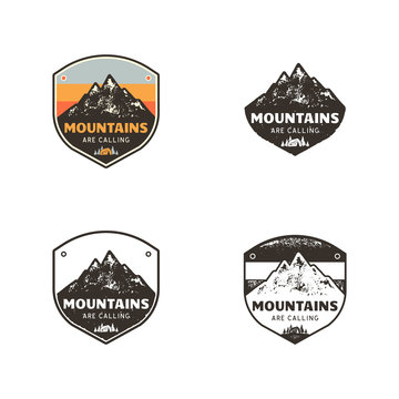 Ski Club, Mountains Explorer Labels. Vintage hand drawn mountain winter camp badges. Outdoor adventure ski camp logo design. Travel patch, hipster print. Retro colors, black emblems. Stock Vector