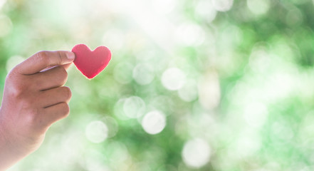 Red heart in hand with nature background.