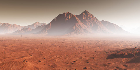 Sunset on Mars, dust obscured Martian landscape. 3D illustration © Peter Jurik