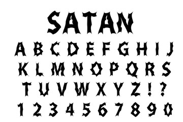 Fototapeta na wymiar Satan typography scary font. Lettering typeface gloomy hellouvin style. Trendy alphabet rock, goth, punk Latin letters from A to Z. Isolated on white background. Vector illustration