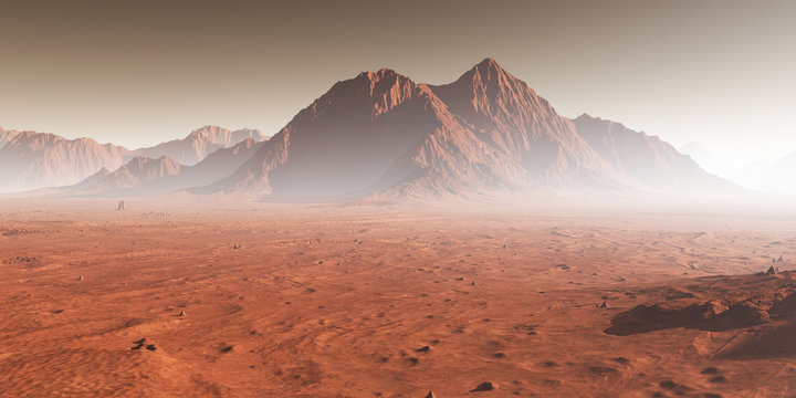 Sunset on Mars, dust obscured Martian landscape. 3D illustration