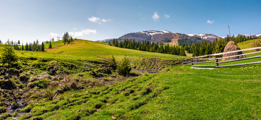Fototapeta na wymiar panorama of grassy meadow of rural area. gorgeous springtime landscape with forest and mountain ridge with snowy tops. haystack behind the fence near the brook