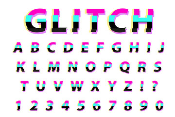 Glitch typography noise font. Lettering typeface distorted style. Trendy alphabet interference Latin letters from A to Z. Isolated on white background. Vector illustration