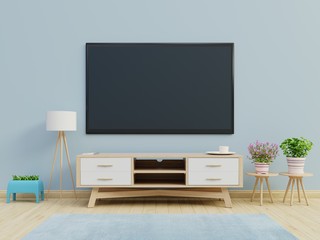 TV cabinet the cabinet in modern room on blue wall background,3d rendering