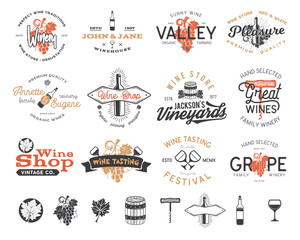 Naklejka premium Wine logos, labels set. Winery, wine shop, vineyards badges collection. Retro Drink symbol. Typographic design vector illustration. Stock vector emblems and icons isolated on white background