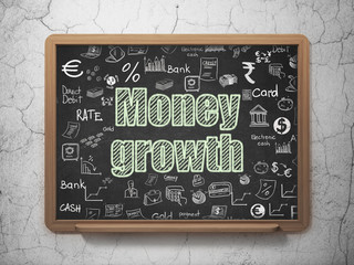 Money concept: Chalk Green text Money Growth on School board background with  Hand Drawn Finance Icons, 3D Rendering