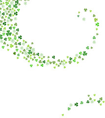 Abstract St. Patrick's day background for your greeting cards or party poster design. Swirl stream from clover shamrock leaves isolated on white background.  Vector illustration