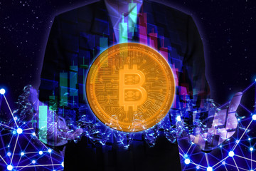 Bitcoin overlay with candlestick and background trader and abstract glow network on space area.
