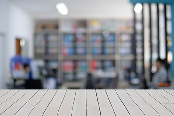 Mock up empty wooden table on front blurred office background, copy space, presentation