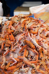 shrimp folded pile on the street seafood market