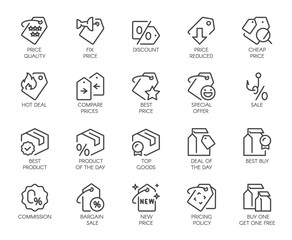 Set of 20 line icons for online or offline stores, shopping, booking sites and mobile apps. Graphic contour logo for offers, commerce, black friday sale and other design needs. Vector isolated