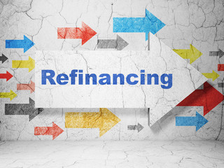 Finance concept:  arrow with Refinancing on grunge textured concrete wall background, 3D rendering