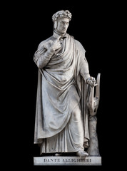 Dante Alighieri statue, by Paolo Emilio Demi, 1840. It is located in the Uffizi courtyard, in Florence. On black background (path selection included).