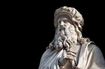 Leonardo Da Vinci statue, by Luigi Pampaloni, 1839. It is located in the Uffizi courtyard, in Florence. On black background (path selection included)