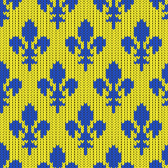 Flower-de-luce on a seamless vector woolen. Knitted woolen pattern with Heraldic lilies. Blue royal lilies on yellow