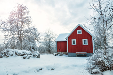 Summer Swedish house in vinter scenery