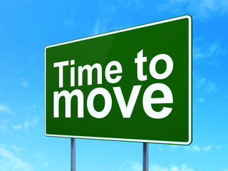 Timeline concept: Time to Move on green road highway sign, clear blue sky background, 3D rendering