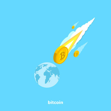 bitcoin as a comet flies to the ground, an isometric image