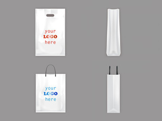 Plastic and paper shopping bags vector isolated realistic white blank templates for branding. 3D realistic illustration of plastic and paper packaging with handles isolated front and side view