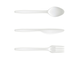 Disposable plastic spoon, knife and fork vector isolated cutlery icons. Realistic white plastic tableware isolated on white background