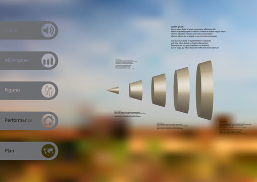 3D illustration infographic template with cone vertically divided to five parts