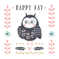 Vector card with cute owl. Postcard with happy day text. Vector illustration for your design.