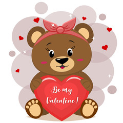 A sweet bear brown in a red bow sits and holds in its paws a red heart with an inscription, in the style of cartoons.