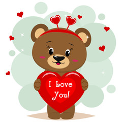 Sweet bear brown in a red bow is worth and keeps in the clutches of a red heart with an inscription, in the style of cartoons.