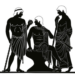 Mythological story. Three ancient Greek mans stands with a staff and a paryrus in the arms and talks. Vector image stylized as an antique painting.
