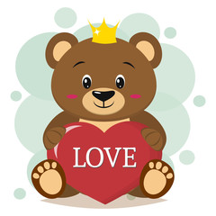Brown bear in the crown sits and holds in the paws a red heart with the inscription love, in the style of cartoons.