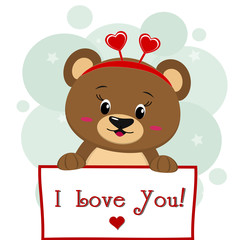 Brown bear with a red rim of hearts holding a plate in the paws, in the style of cartoons.