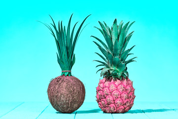 Tropical Pineapple and Coconut. Bright Summer Color. Creative Minimal. Hot Summer Vibes. Blue background. Trendy fashion Style. Pop Art