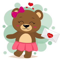 Brown bear in a skirt and with a pink bow holds a letter in paws, in the style of cartoons.