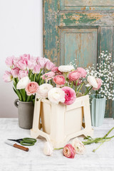 Florist workplace: flowers and accessories.