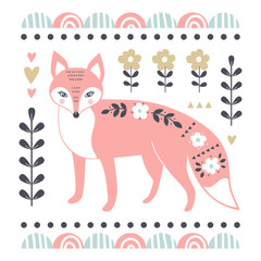 Vector card with cute fox. Illustration for children's prints, greetings, posters, t-shirt, packaging, invites. Cute animal.