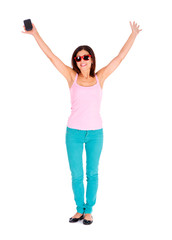 Full length portrait of happy smile brunette woman with short hairstyle, dressed pink t-shirt and...
