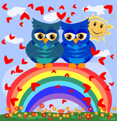 Two blue-eyed, owl-owl-boys sit on the rainbow among the hearts, love is in the air. Concept of homosexual male love, postcard