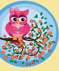A bright, cartoon, beautiful, pink owl with a bow on the ear and a cup of coffee sits on a flowering tree branch