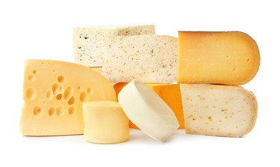 Different types of delicious cheese on white background