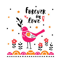 Postcard with cute bird. Illustration for children's prints, greetings, posters, t-shirt, packaging, invites. Postcard with forever in love text.
