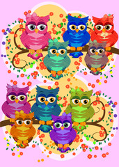 A family of colorful, bright, lovely cartoon owls on the branches of flowering trees. Moms, dads, children. Card
