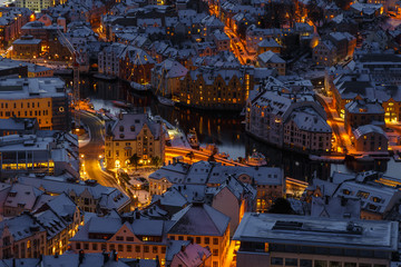 Panoramic view of the town of Alesund at sunset from Aksla hill.