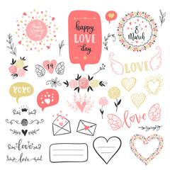 Vector hand drawn fashion love elements for Happy Valentines Day. Labels, overlays, speech bubble,calligraphy, heart, arrow, wings, flowers set