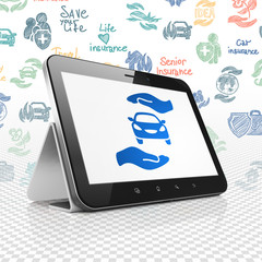 Insurance concept: Tablet Computer with  blue Car And Palm icon on display,  Hand Drawn Insurance Icons background, 3D rendering