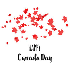 Happy Canada Day label, logo, banner, card, clipart with red maple leaves.