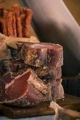 Stack from few pieces of meat from italian wild boar