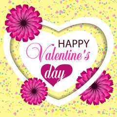Beautiful yellow background Valentines day with heart and paper flowers and confetti. Vector illustration.