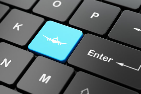 Vacation concept: computer keyboard with Aircraft icon on enter button background, 3D rendering